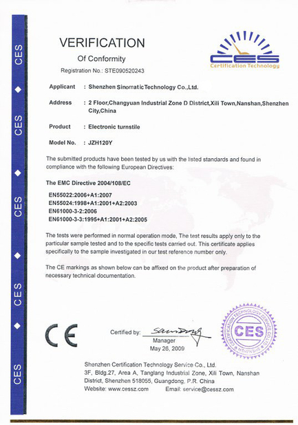 Chiny SHENZHEN SINOMATIC TECHNOLOGY CO., LIMITED Certyfikaty