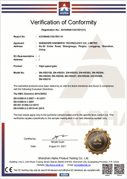 Chiny SHENZHEN SINOMATIC TECHNOLOGY CO., LIMITED Certyfikaty
